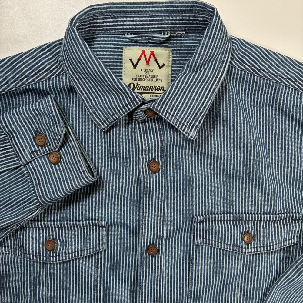 Vimanron Hickory Stripe Denim Shirt Jacket Large Blue Shacket Flap Pocket